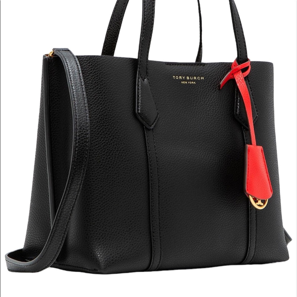 Tory Burch Black Leather Shoulder Bag with Red Tag Accent